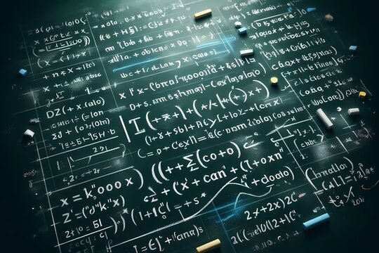 A seamless macro view of a calculus blackboard covered in differential equations and integral symbols, Ai generated image