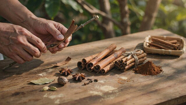 Hands preparing cinnamon sticks on a wooden table. Spices for cooking and baking.