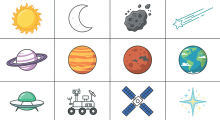 Solar System and Astronomy Vector Icon Set Featuring Sun Moon Planets Earth Mars Rover  © jahirul