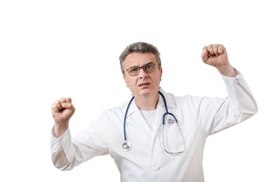 A middle-aged male doctor in a white coat, with an angry expression and an emotional gesture, against a white background.