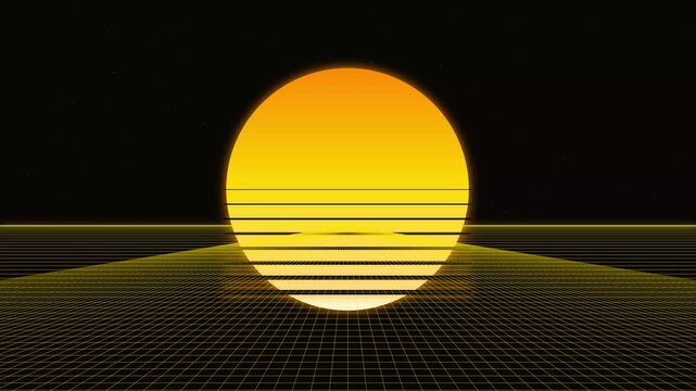 Retro synthwave landscape with glowing yellow sun motion