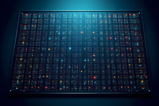 A colorful microarray gene expression chip with thousands of glowing fluorescent dots, Ai generated image
