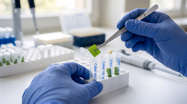 Technician placing corn leaf sample into microcentrifuge tube for DNA extraction in biological lab