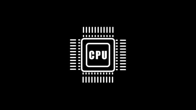 CPU Microchip Icon on black Background central processing unit processor Technology CPU background. Pulses and signals from the chip propagate through the motherboard. 4k