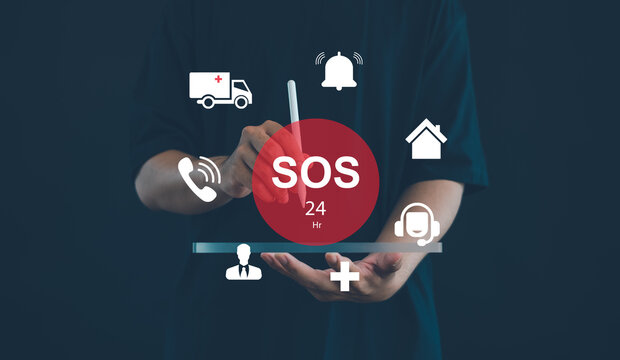 Business professional activating a 24-hour SOS emergency service with emergency response, medical assistance, emergency contact, urgent support, public safety, and crisis management.