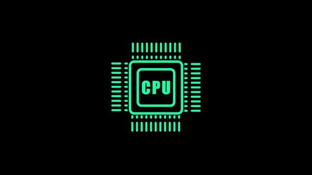 CPU Microchip Icon on black Background central processing unit processor Technology CPU background. Pulses and signals from the chip propagate through the motherboard. 4k