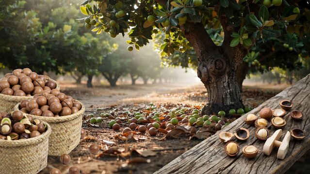 Fresh macadamia nuts in baskets. Harvested organic nuts in a sunny orchard plantation.