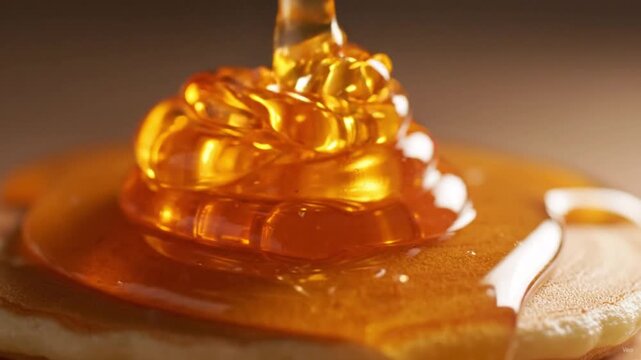 Close-up of golden viscous honey being drizzled into a shimmering pool, warm blurred background