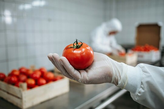 Worker holding fresh tomato in food factory. Quality control of organic vegetable produce.