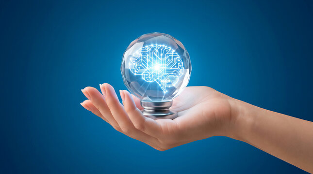 Hand holding a crystal sphere with a glowing digital brain circuit, representing artificial intelligence, innovation, and future tech