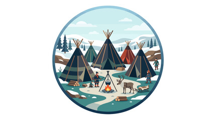 Indigenous camp illustration with tipis and reindeer. © Opal