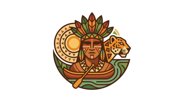 Indigenous man paddling canoe with jaguar spirit.