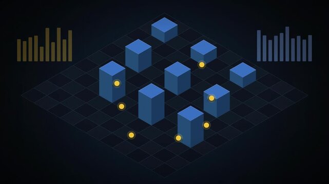 Abstract animated automated warehouse shuttles moving stock drawn as blue and cyan glowing lines and dots on a deep dark background. Clean minimal motion graphics element with free space around it, id
