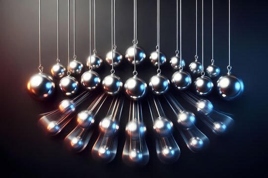 A physics pendulum wave with multiple swinging steel balls in motion blur, Ai generated image