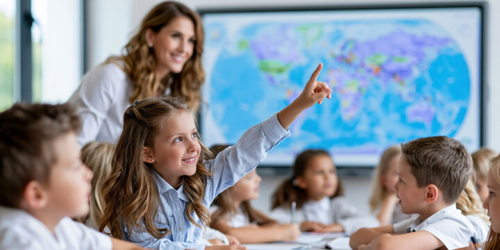 Curious student girl raising hand classroom teacher digital screen map joyful learning atmosphere