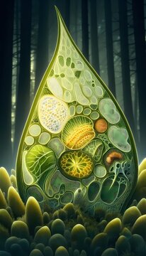 A biology cover featuring a cross-section of a leaf with stomata and chloroplasts, Ai generated image