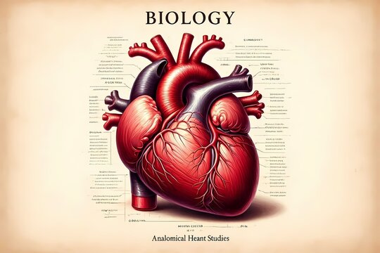 A biology cover with a detailed anatomical heart rendered in vintage scientific illustration style, Ai generated image