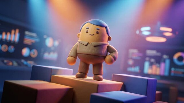 分析ルームで落ち込んだクレイマスコットが自信を取り戻して立ち上がる3Dアニメーション