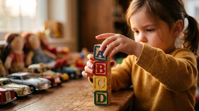 Cinematic photograph of a young girl stacking wooden alphabet blocks on a rustic table in warm natural indoor lighting.
