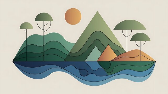 Minimalist landscape with layered green mountains, blue water, and sun