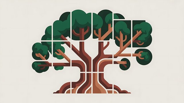 Polyptych of a stylized tree with green foliage nature