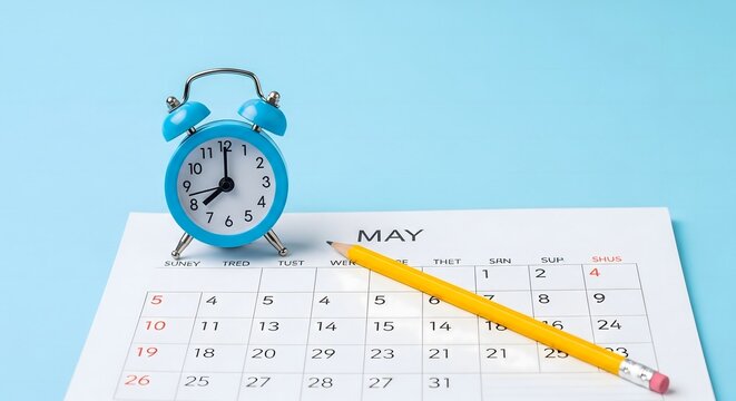 Blue Alarm Clock and Yellow Pencil Resting on May Calendar Page