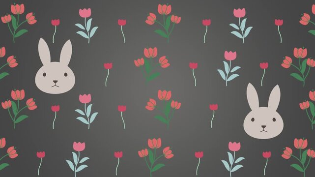 Bunnies and tulips pattern decorates this dark background to create a playful and festive graphic design suitable for various creative spring projects and seasonal invitations.