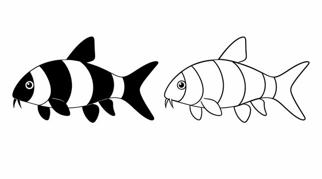 Clown Loach Fish Vector Illustration, Black and White Striped and Outline