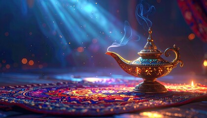 Antique brass magic lamp emitting blue smoke trails. © aji