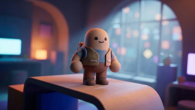 プロジェクト管理スペースで落ち込んだクレイマスコットが立ち直る3Dアニメーション