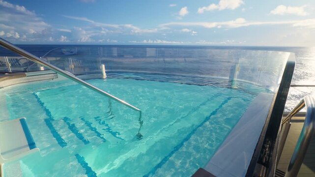 Cruise liner infinity pool on upper deck with crystal clear turquoise water overlooking Caribbean Sea. Glass barriers frame stunning ocean horizon under blue skies with scattered clouds on sunny day.