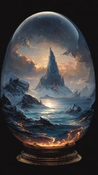A fantastical crystal ball reveals a flat-earth world, showcasing a starlight-rimmed disc with a crescent-shaped continent adorned with snow-dusted peaks. The surrounding deep ocean bubbles with biol