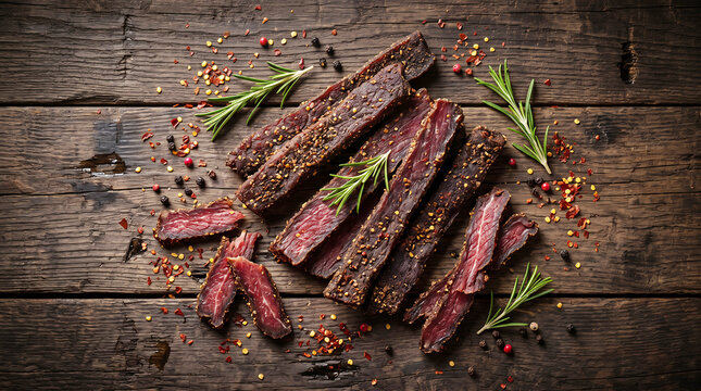 Beef jerky strips seasoned with black pepper and chili flakes, arranged on a rustic dark brown wooden table with fresh rosemary sprigs