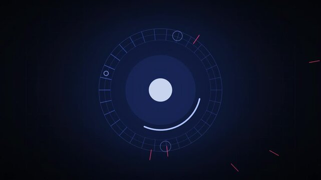 Abstract animated cyber shield deflecting incoming attacks drawn as blue and cyan glowing lines and dots on a deep dark background. Clean minimal motion graphics element with free space around it, ide