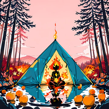Mystical Fire Spirit Meditating Inside a Tent in a Forest Camp Illustration
