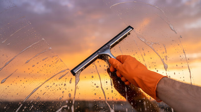 Hand in orange rubber glove using a metal squeegee to clean a glass window against a sunset sky with soapy water streaks and droplets
