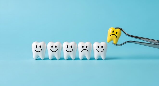 Dental care concept with happy and sad toy teeth models