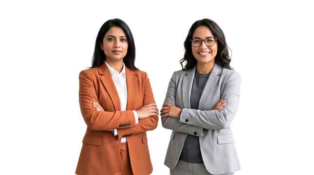 Portrait of two confident professional businesswomen in suits with crossed arms isolated on a white background