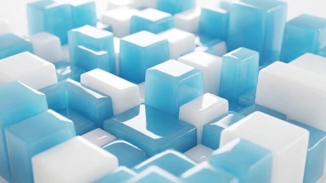 アイスブルーと純白のゼリー状流体がパズル状の立体ブロックへと変形する抽象CG背景