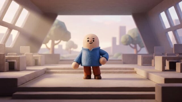 コラボレーションスペースで落ち込んだクレイマスコットが立ち直る3Dアニメーション