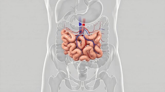 3D Realistic Medical Illustration of Human Small Intestine and Mesenteric Vessels Anatomy on Transparent Body