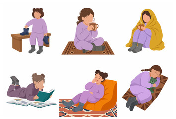 Fototapeta premium Flat vector illustration set of a little girl in purple pajamas enjoying various cozy indoor activities like reading, drinking hot cocoa, and sleeping at home.