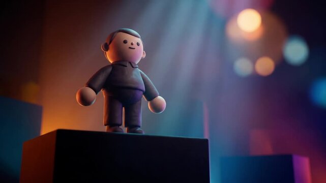 コラボレーションスペースで落ち込んだクレイマスコットが立ち直る3Dアニメーション