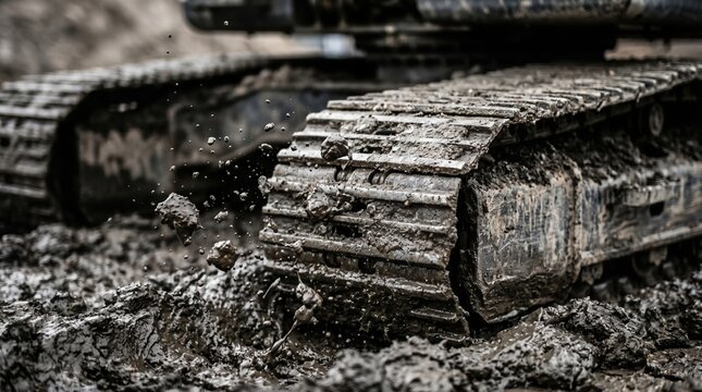 Excavator metal tracks moving in muddy ground, splashing mud, close-up shot, heavy construction machinery working on wet construction site