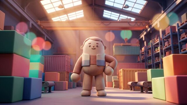 物流スペースで落ち込んだクレイマスコットが立ち直る3Dアニメーション