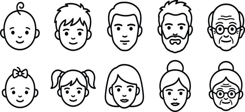 Human aging process line icon set showing male and female faces from baby to senior vector avatars