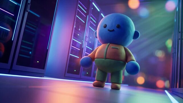 データセンターで落ち込んだクレイマスコットが自信を取り戻す3Dアニメーション