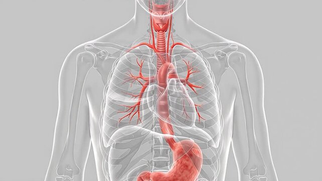 3D Realistic Medical Illustration of Human Esophagus and Vagal Nerve Pathway Anatomy on Transparent Body