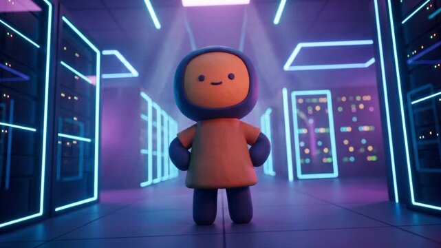 データセンターで落ち込んだクレイマスコットが自信を取り戻す3Dアニメーション