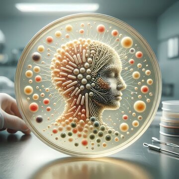 A bacterial colony arranged to suggest a face or figure like a Rorschach test, Ai generated image